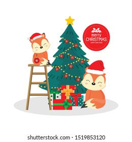 Merry Christmas and Happy New Year card. Cute fox cartoon.