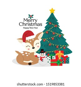 Merry Christmas and Happy New Year card. Cute deer cartoon.