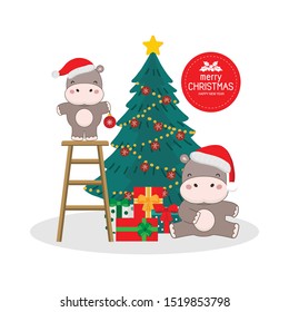 Merry Christmas and Happy New Year card. Cute Hippo in santa hat cartoon.