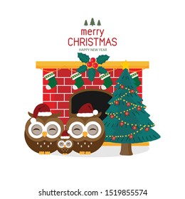 Merry Christmas and Happy New Year card. Cute owl cartoon.