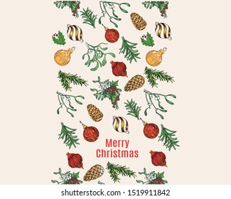 Merry Christmas and Happy New Year Greeting Card. Vector illustration sketch christmas party invitation with bals, gift, mistletoe, tree, cones. 