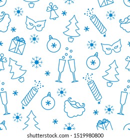Merry Christmas Happy New Year 2020. Vector seamless pattern. Gifts, bell, carnival mask, Santa Claus beard, mustache, crackers, glasses, Christmas tree, snowflakes Festive background Design for print