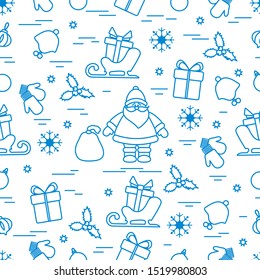 Merry Christmas Happy New Year 2020. Vector seamless pattern Santa Claus, gifts, Christmas tree decorations, mistletoe, sleigh, mittens, baby hat, snowflakes. Festive background. Design for print.