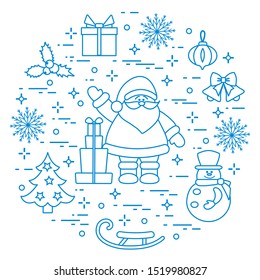 Merry Christmas Happy New Year 2020. Vector illustration  Santa Claus, gifts, bells, Christmas tree, mistletoe, snowman, sleigh, Christmas decorations, snowflakes. Festive background. Design for print