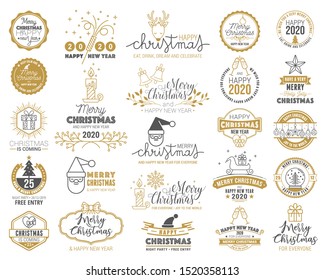 Merry Christmas. Happy New Year, 2020. Typography set. Vector logo, emblems, text design. Usable for banners, greeting cards, gifts etc