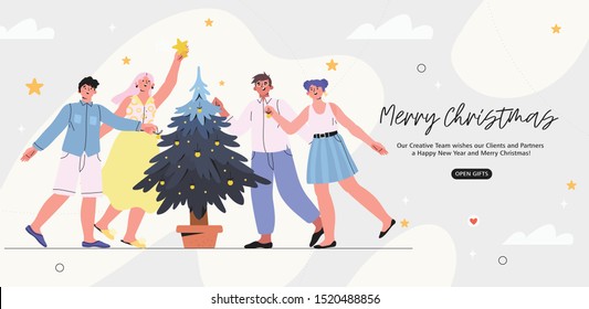 Merry Christmas and happy new year banner, flyer, landing page with people decorating a fir-tree in an office. Corporate christmas greeting for clients, customers, partners in a bright trendy style.