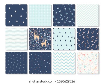 Merry Christmas and Happy New Year. Collection of seamless patterns. Set of seamless backgrounds with snowflakes, pine tree, deer, floral elements