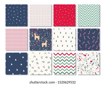 Merry Christmas and Happy New Year. Collection of seamless patterns. Set of seamless backgrounds with snowflakes, pine tree, deer, floral elements.