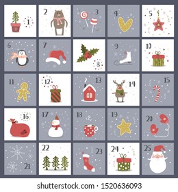 Merry Christmas and Happy new year illustration fo advent calendar. Cute winter vector illustration.