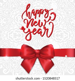 Merry Christmas and Happy New Year greeting card with seasonal winter ornament and red satin bow and ribbon. Enjoy the Holidays banner, Be joyful, Merry and Bright flyer concept. Vector illustration