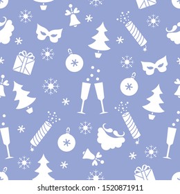 Merry Christmas Happy New Year 2020. Vector seamless pattern. Gifts, bell, carnival mask, Santa Claus beard, mustache, crackers, glasses, Christmas tree, snowflakes Festive background Design for print