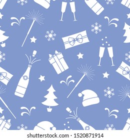 Merry Christmas Happy New Year 2020 Vector seamless pattern. Gifts, Santa Claus hat, sparkler, bottle, glasses, Christmas tree, snowflakes. Festive background. Design for fabric, print, wrapping paper