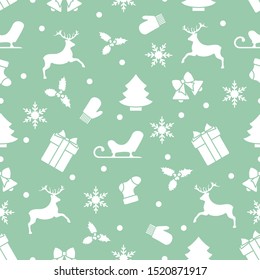 Merry Christmas Happy New Year 2020. Vector seamless pattern with Santa Claus reindeer, gifts, bells, Christmas tree, sock, mistletoe, sled, mittens, snowflakes. Festive background. Design for print.