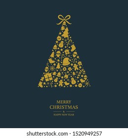 Merry Christmas and Happy New Year. Greeting card with beautiful Xmas tree and icons. Vector