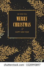 Merry Christmas and Happy New Year dark greeting card with coniferous tree. Snowy border frame banner with golden typhography design on black background. Vector template illustration.