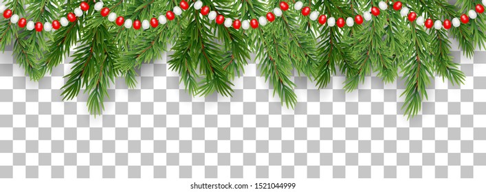 Merry Christmas and happy New Year border of tree branches and garland beads on transparent background. Vector illustration. EPS10