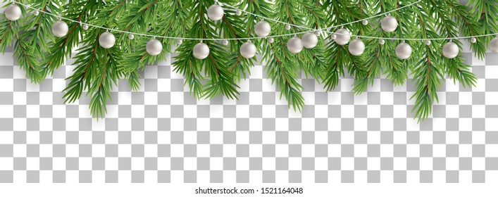 Merry Christmas and happy New Year border of tree branches and garland beads on transparent background. Vector illustration. EPS10