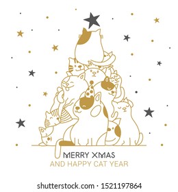 Merry Christmas and a happy New Year. Christmas tree with cats
