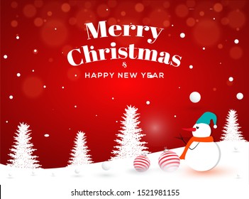 Merry Christmas and Happy New Year greeting card design with illustration of snowman and baubles on red snowfall landscape background.