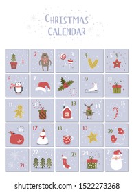 Merry Christmas and Happy new year illustration for advent calendar. Cute winter vector illustration.