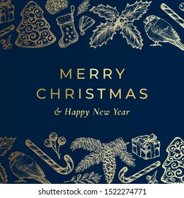 Merry Christmas and Happy New Year Hand Drawn Sketch Banner or Card Template. Abstract Holiday Vector Label with Blue Background, Retro Typography and Gold Color. Isolated.