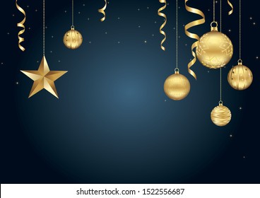 Merry Christmas and Happy New Year blue background with star, ribbons and Christmas balls. For ad banner design template, poster, flyer, header. Winter holiday ornament