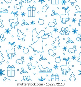 Merry Christmas Happy New Year 2020 background. Vector seamless pattern with angel, Santa Claus reindeer, gifts, Christmas sock, bells, hare, Christmas tree, ball, mistletoe, sled, mittens, snowflakes