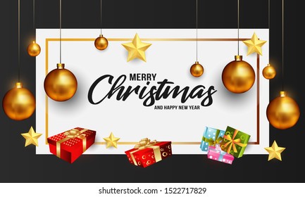 "Merry Christmas and Happy New Year" lettering on white rectangle on black background. Celebration card made with golden color Christmas balls, stars and gift boxes. Vector Illustration.