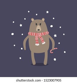 Merry Christmas and Happy New year hand drawn vector print. Cute cartoon Christmas Bear.