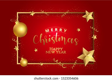 Merry christmas and happy new year banner or poster design with bauble balls and stars decorated on red background.