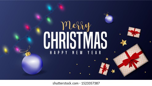 Merry Christmas and Happy New Year greeting card design with top view of balls, gift boxes, stars and lighting garland decoration on dark blue background.