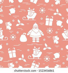 Merry Christmas Happy New Year 2020. Vector seamless pattern Santa Claus, gifts, Christmas tree decorations, mistletoe, sleigh, mittens, baby hat, snowflakes. Festive background. Design for print.