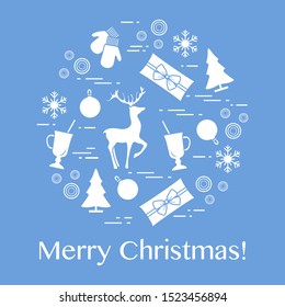 Merry Christmas Happy New Year 2020. Vector illustration with gifts, deer, mulled wine glass, Christmas tree, mittens, Christmas decorations balls, snowflakes. Festive background. Design for print.