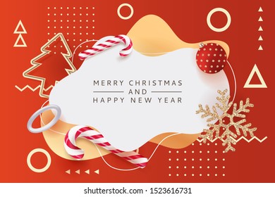 Merry Christmas, Happy New Year poster, banner with white frame. Vector 3d realistic illustration of striped candy, gold metal Christmas tree, shiny snowflakes. Modern winter holiday design template.