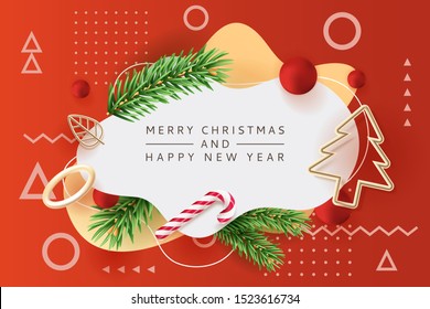 Merry Christmas, Happy New Year poster, banner white frame. Vector 3d realistic illustration of green fir branches, striped candy, gold metal Christmas tree, geometric shapes. Holiday design template