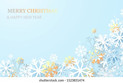 Merry Christmas and Happy New Year banner. Abstract white and gold snowflakes on blue background. Paper art and craft design. Space for your design