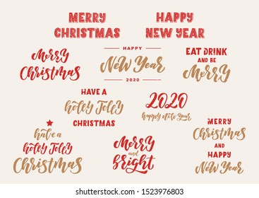 Merry Christmas and happy New Year hand drawn lettering set. Good for banner, poster, flyer, greeting card, web design, print design. Vector illustration.
