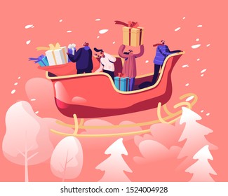 Merry Christmas and Happy New Year Greetings. Santa Claus Helpers Riding Reindeer Sledge Flying at Sky Throwing Wrapped Gift Boxes Down to Ground. Winter Holidays. Cartoon Flat Vector Illustration - Powered by Shutterstock - Get 15% off with code: PIKWIZARD15