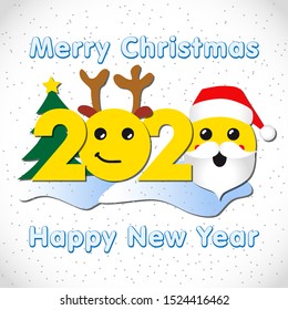 Merry Christmas and A Happy New Year 2020 greeting card. Xmas night background. Winter holiday cute numbers and text. Smiling logotype 