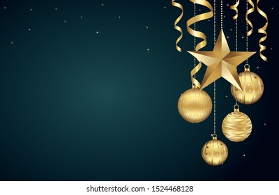 Merry Christmas and Happy New Year green background with star, ribbons and Christmas balls. For ad banner design template, poster, flyer, header. Winter holiday ornament