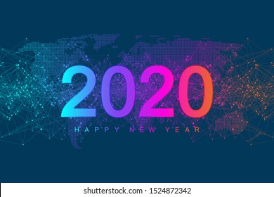 Merry Christmas and Happy New Year 2020 greeting card. Modern futuristic template for 2020. Digital data visualization. Business technology concept. Vector illustration.