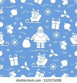 Merry Christmas Happy New Year 2020. Vector seamless pattern Santa Claus, gifts, Christmas tree decorations, mistletoe, sleigh, mittens, baby hat, snowflakes. Festive background. Design for print.