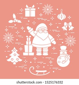 Merry Christmas Happy New Year 2020. Vector illustration  Santa Claus, gifts, bells, Christmas tree, mistletoe, snowman, sleigh, Christmas decorations, snowflakes. Festive background. Design for print