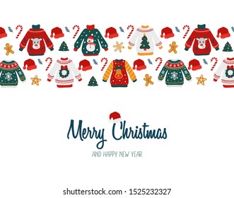 Merry Christmas and Happy New year greeting card vector illustration. Template with ugly sweaters candies gingerbreads and santa claus cap flat style design. Holidays congratulations concept