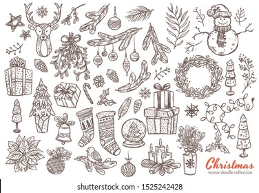 Merry Christmas and Happy New Year linear doodle set with vector sketch holiday elements, icons and symbol. Festive collection of illustrations