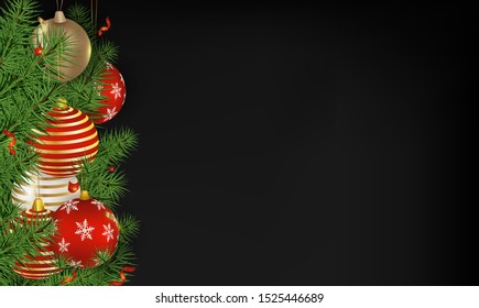  Merry Christmas and Happy New Year background.Realistic Christmas Tree branches, balls, serpentine, confetti on the black background.Vector.