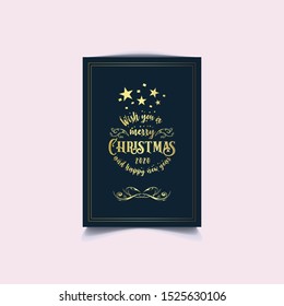 Merry Christmas and Happy New Year greeting card banner background with christmas theme, gift voucher card for Xmas Holiday.Calligraphy.Black and gold Vector illustration template. luxury and elegant