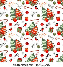 Merry Christmas, Happy New Year vector seamless pattern. Christmas trees, gift boxes with bows, snowflakes, candy, Christmas balls, staffs, bullfinches. Winter holiday elements isolated on white.