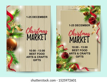 Merry Christmas, Happy New Year cards set with new year tree, red and golden balls on wood background.  Great for invites, sale, greetings, christmas market, flyer. Place for text. Vector illustration