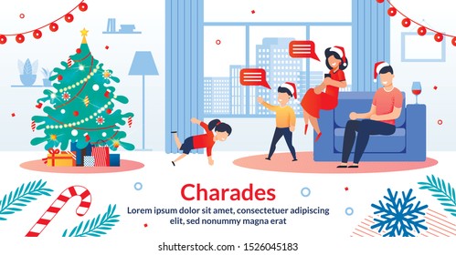 Merry Christmas, Happy New Year Celebration Family Tradition, Holiday Games Trendy Flat Vector Horizontal Banner, Poster. Smiling Parents Playing in Charades with Kids near Christmas Tree Illustration